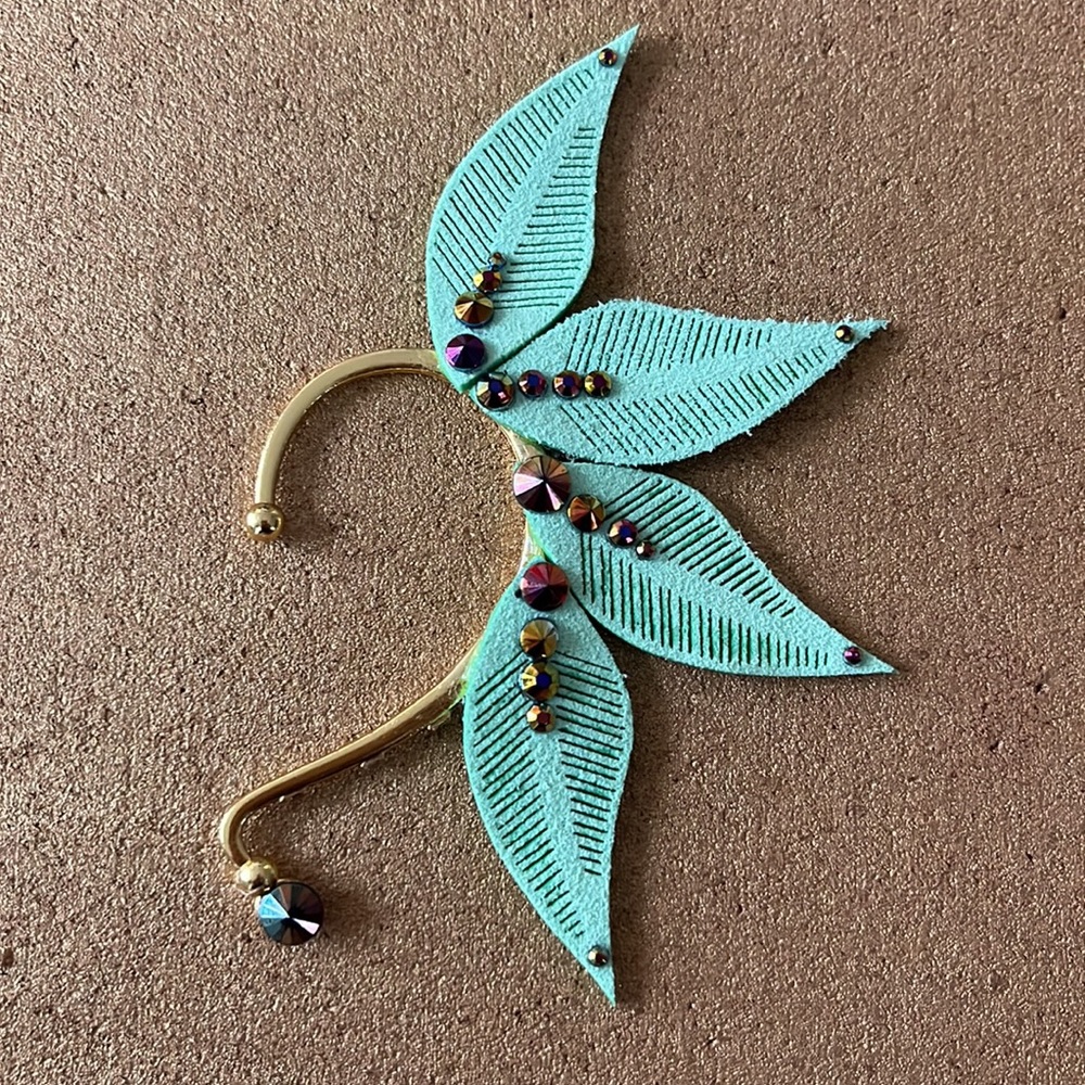 Green faux feather leaf ear cuff ear wire wrap with purple rhinestones